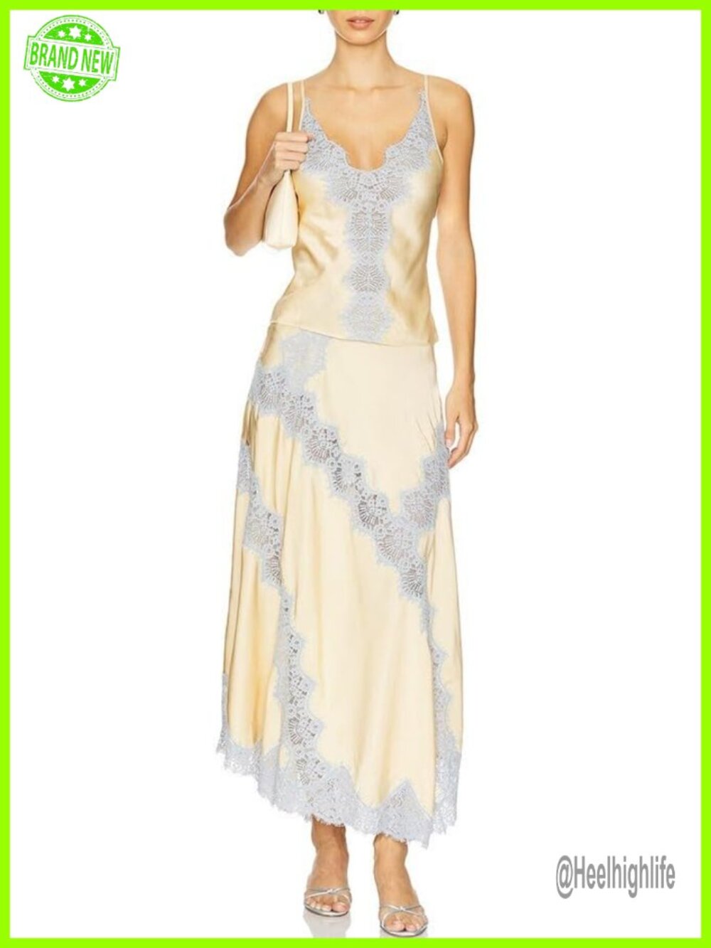 Women's 2 Piece Lace Splice V Neck Halter Top High Waist Maxi Skirt Set